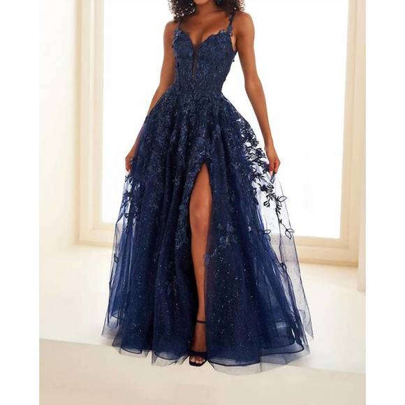 ELLIE WILDE Dresses & Skirts - NEW ELLIE WILDE appliqué corset glitter tulle a-line gown in navy